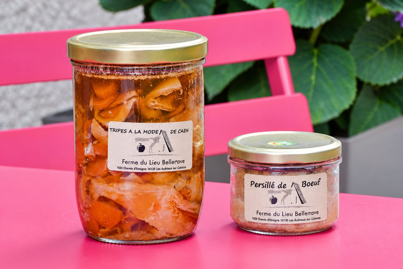 Deux bocaux en verre, l'un de tripes à la mode de Caen et l'autre de persillé de bœuf, posés sur une table rose devant une chaise rose.