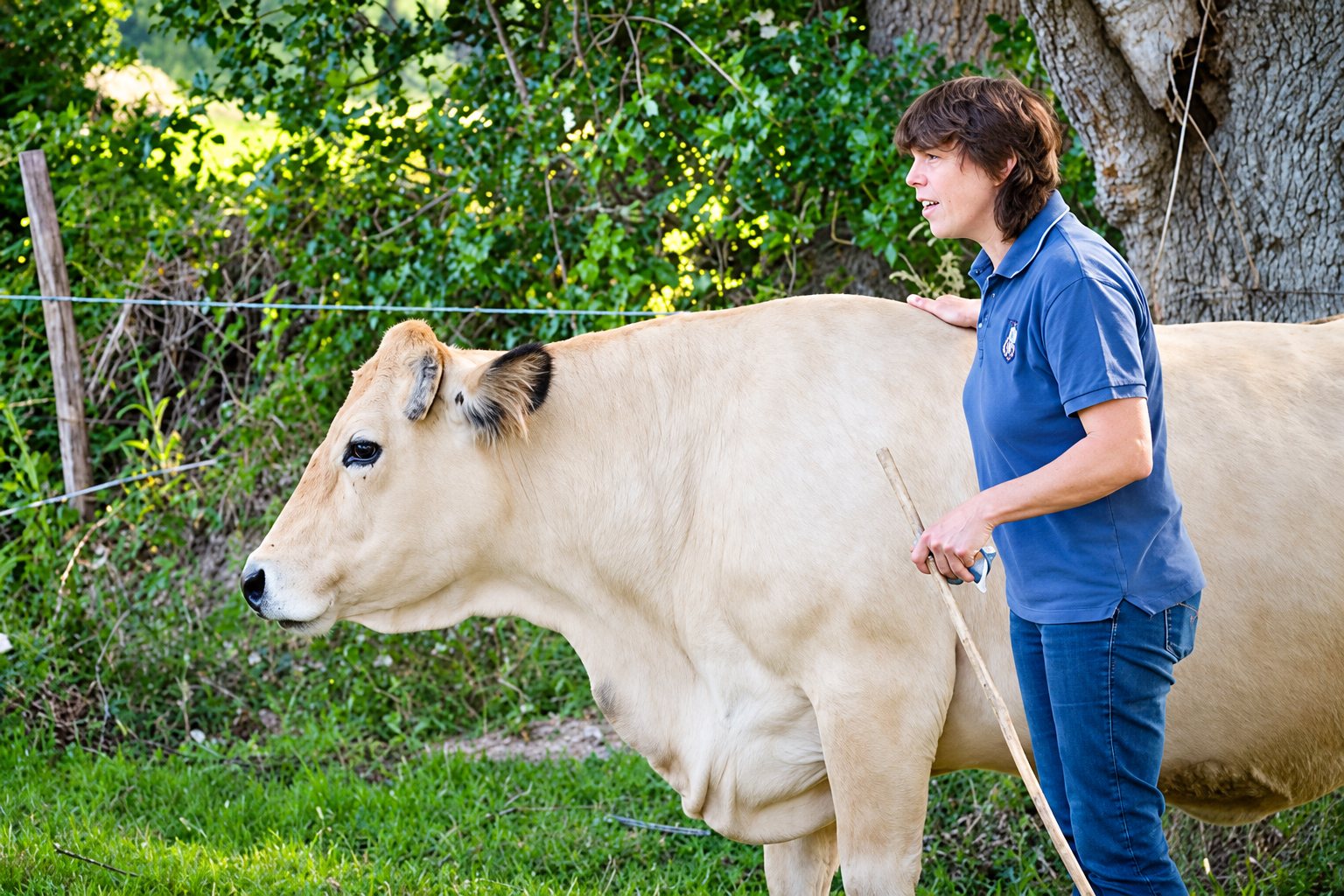 Une femme en polo bleu et jean tient un bâton près d'une grande vache beige dans un pré entouré d'arbres.