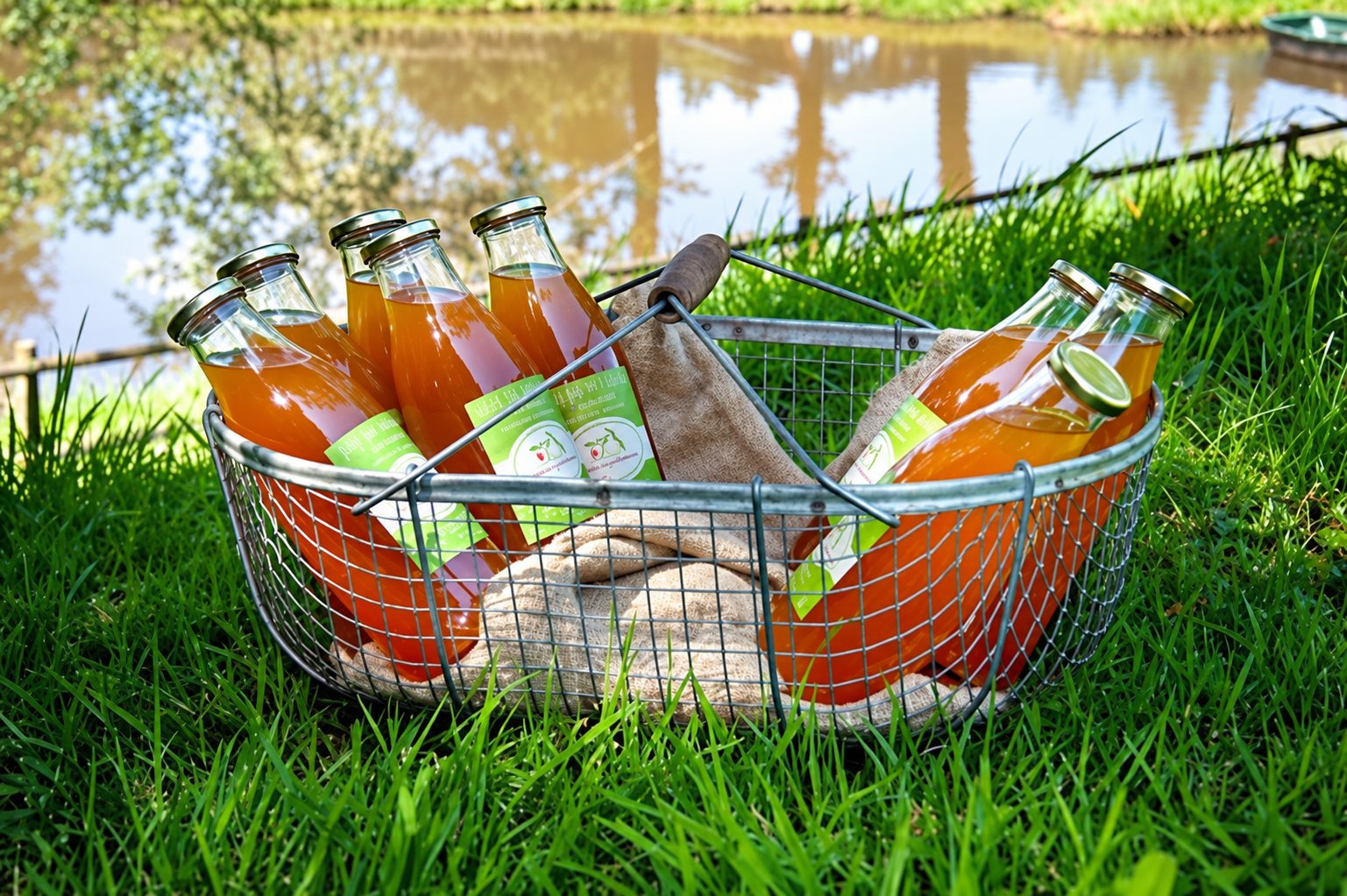 Un panier en fil métallique posé sur l'herbe au bord d'un étang contient plusieurs bouteilles de jus de fruits orange avec étiquettes vertes.