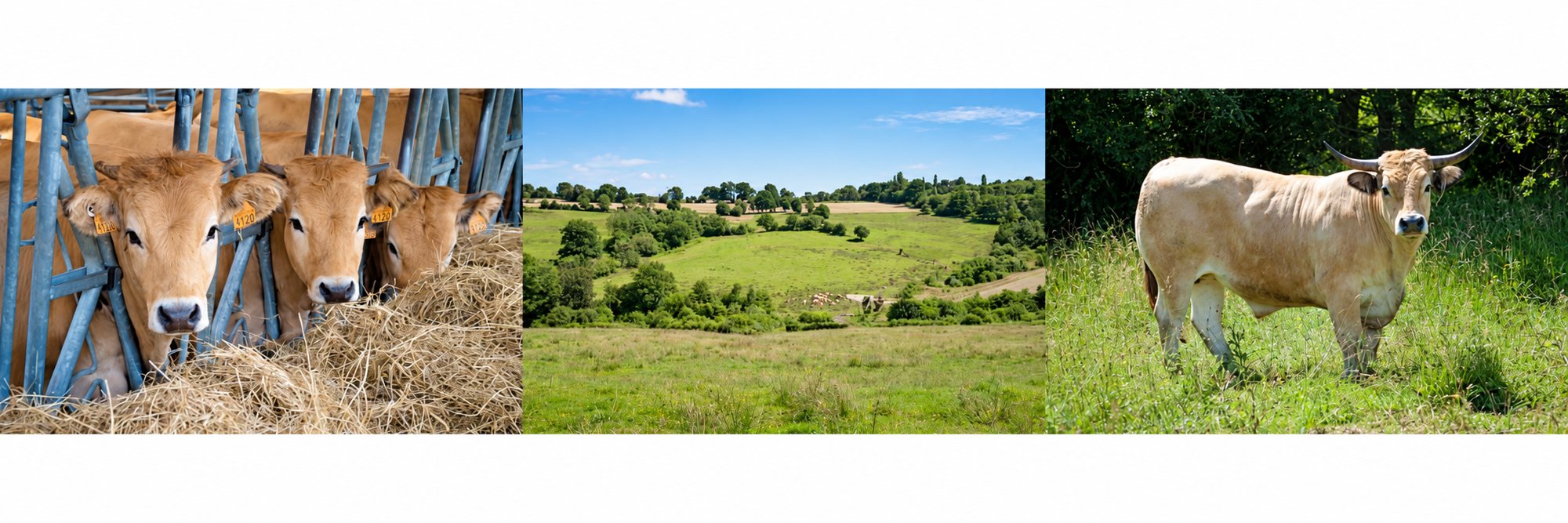 Trois panneaux montrant des veaux mangeant du foin derrière une barrière, un paysage de prairies vallonnées et une vache blonde à cornes debout dans l'herbe.